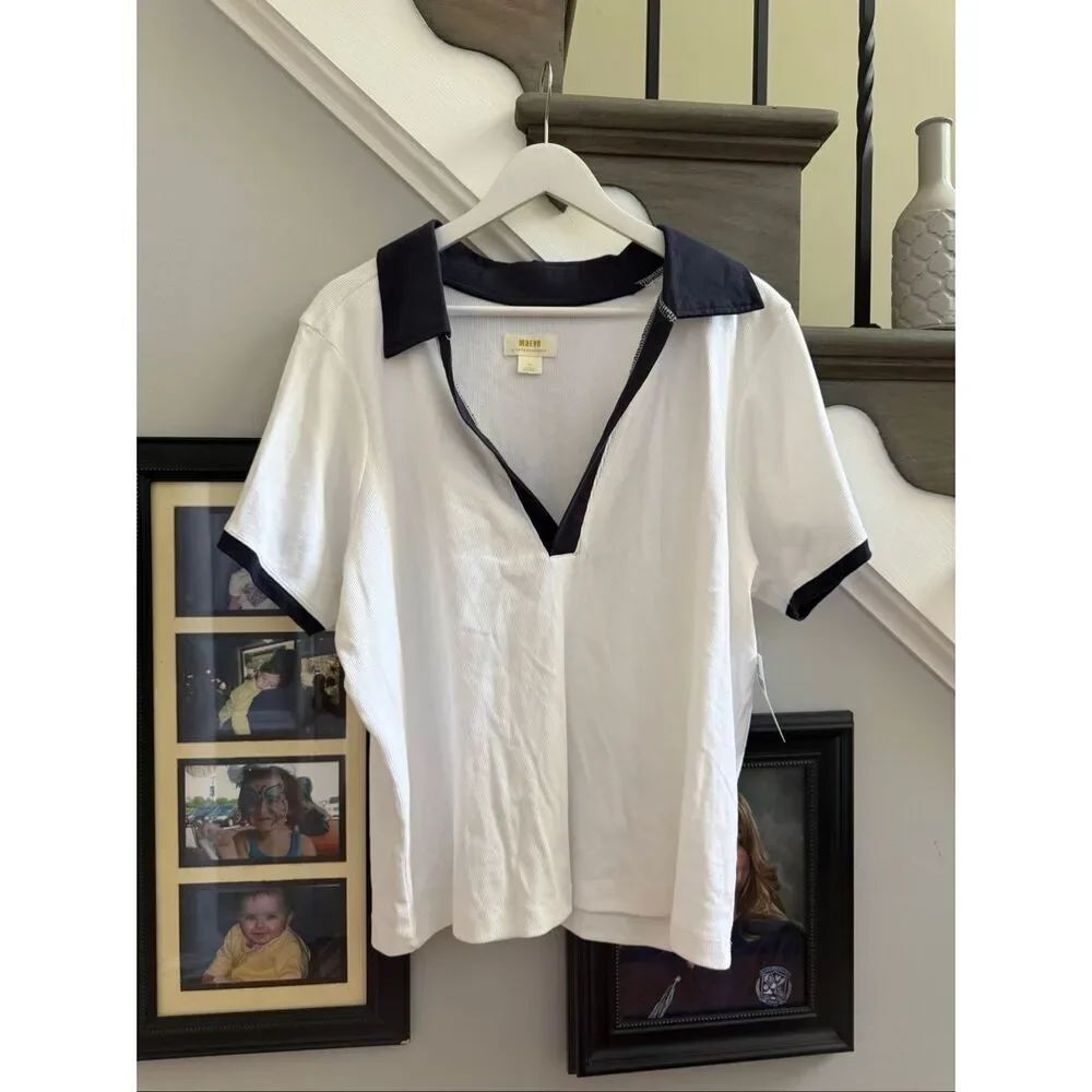 Anthropologie Maeve White W/Black Johnny Collar Ribbed Polo Shirt sz 3X NWT